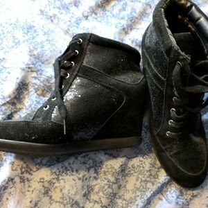 Black sequin sneaker wedges