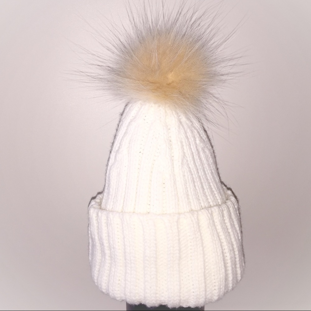 Baby/Kids Cream Knit Crystal Fox Fur Pom Pom Hat