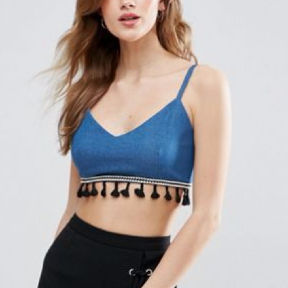Denim Crop Top With Tassel