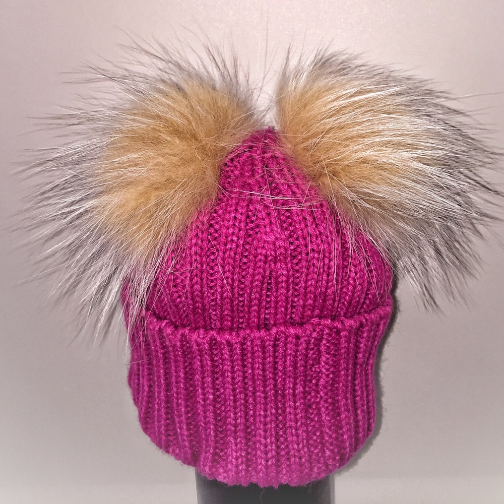 Baby/Kids Pink Knit Crystal Fox Fur 2 Pom Pom Hat