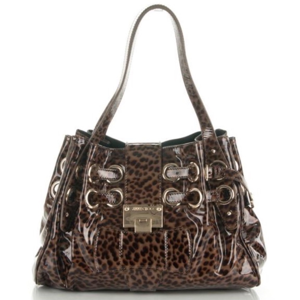 JIMMY CHOO Riki Leopard Patent Leather Handbag