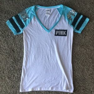 PINK v neck t shirt with rhinestone accent sleeves