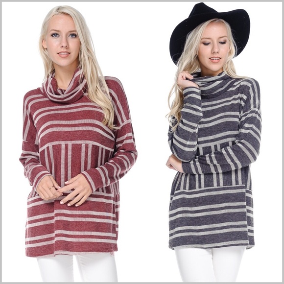 Burgundy Striped Turtleneck Pullover Top - Picture 3 of 8