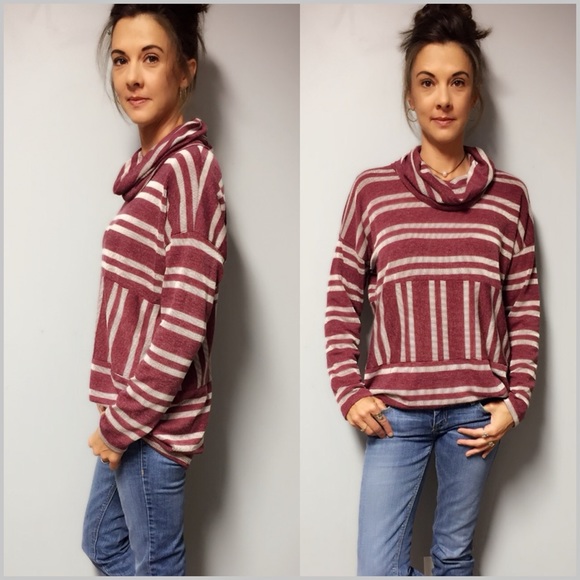 Burgundy Striped Turtleneck Pullover Top - Picture 7 of 8