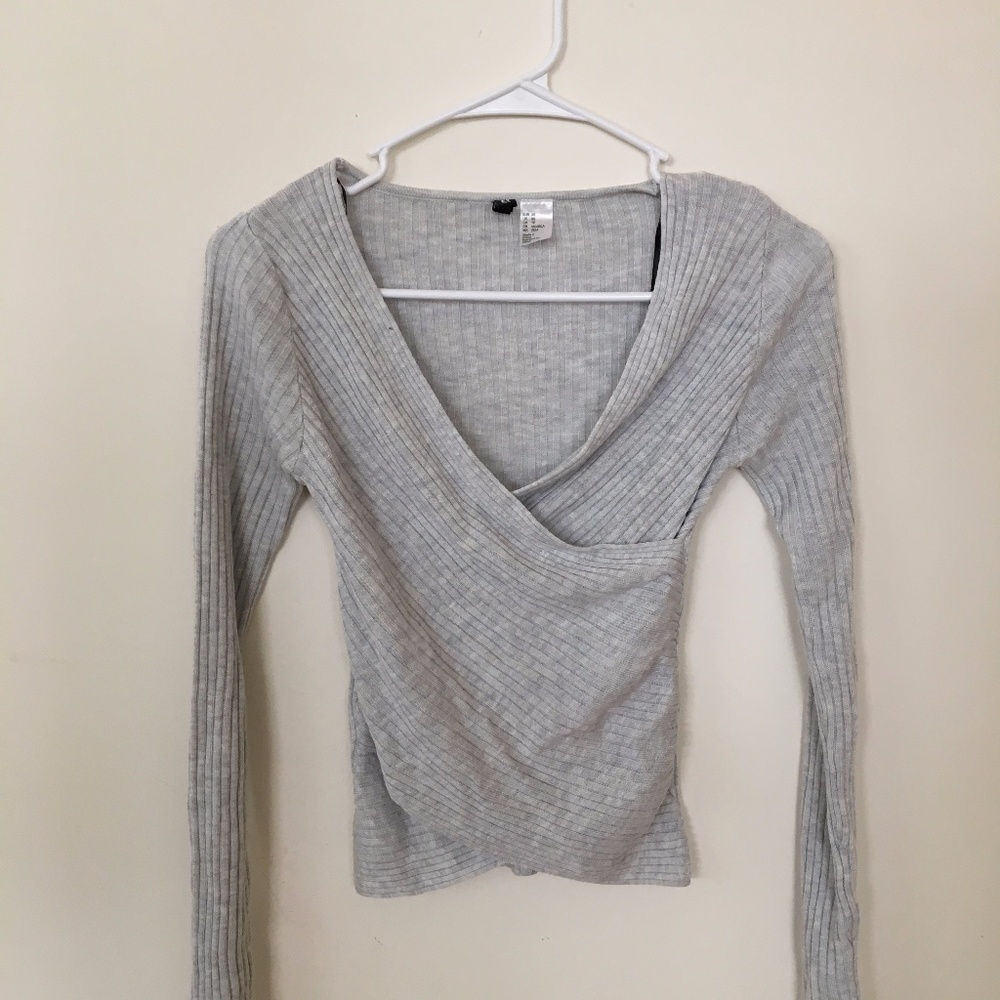Grey Ribbed Wrap Sweater V Neck, XS - Picture 2 of 2
