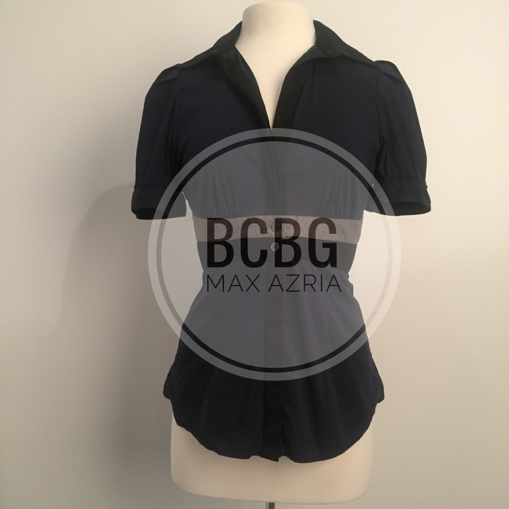 BCBG dark Navy bttn down work shirt w/ tie back