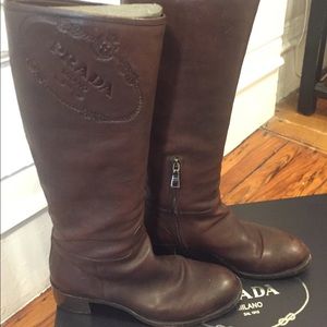 Prada Pebbled Brown Leather Logos Riding Boots EUC