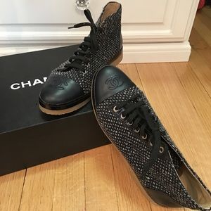 Chanel Lace Up Tweed Sneakers
