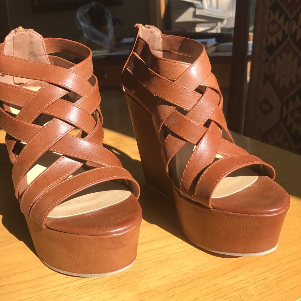 Brown strappy high heel wedges
