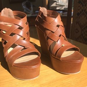Brown strappy high heel wedges