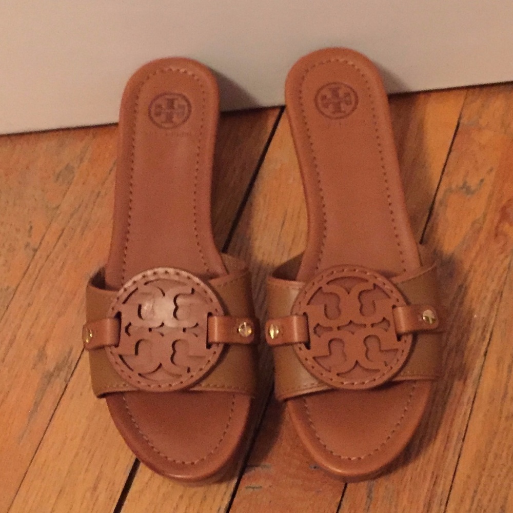 Tan Tory Burch Peep Toe Wedges