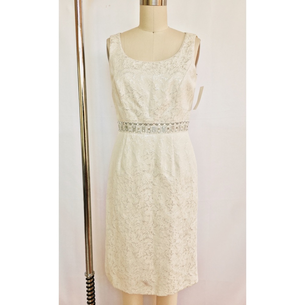Tahari Ivory & Silver Sheath Dress with Beadwork
