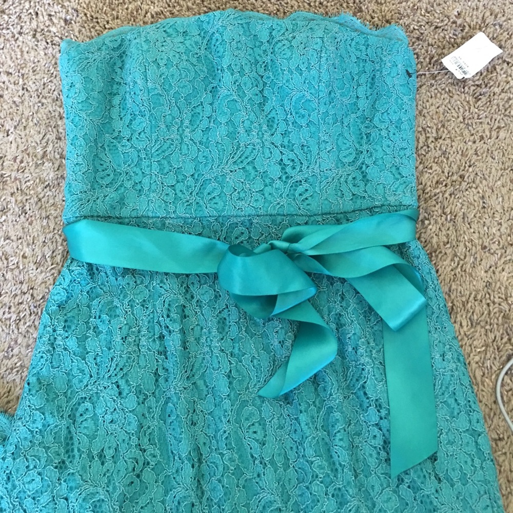 Adrianna Papel green blue lace gown side slot 4