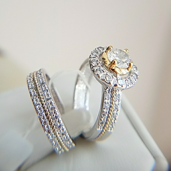 18k white&yellow Gold plated 2pc Engagement Ring size 7 only - Picture 1 of 8