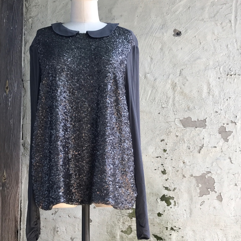 Wrap Metallic Sequined Collared Blouse - image 1