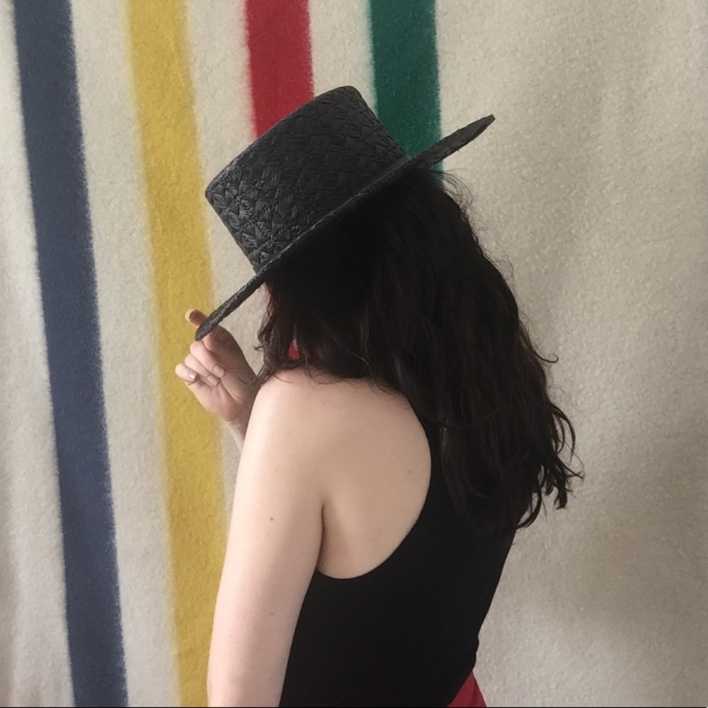 Worth & Worth Black Straw Flat Brimmed Hat