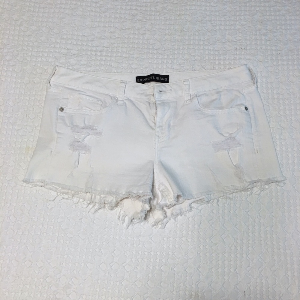 White Mid-Rise Frayed Express Jean Shorts
