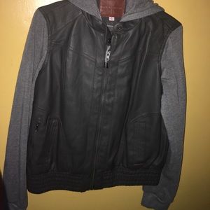 Gray leather jacket with gray sleeves and hoodie