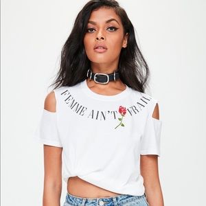 femme ain't frail white cold shoulder tshirt