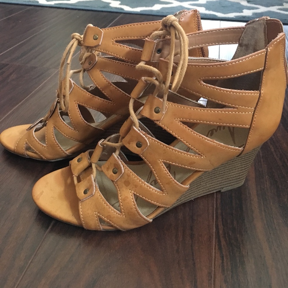 American Rag Lace Up Cognac Leather Wedge Sandals