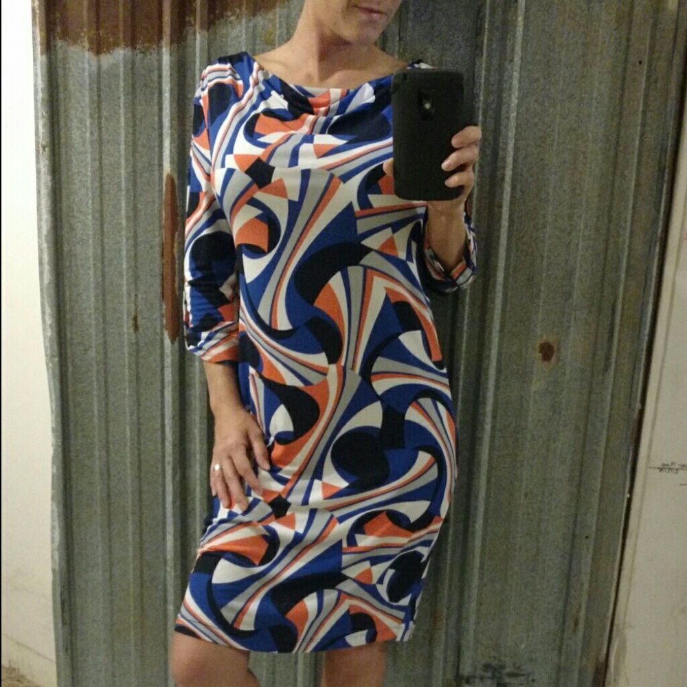 Banana Republic 3/4 Sleeve Cowl Neck Bold Print Above The Knee Shift Tunic Dress