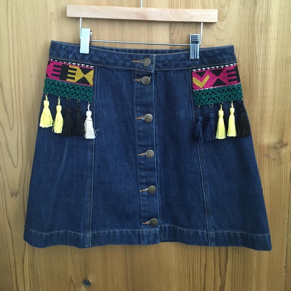 Denim tassel embroidered button front mini skirt