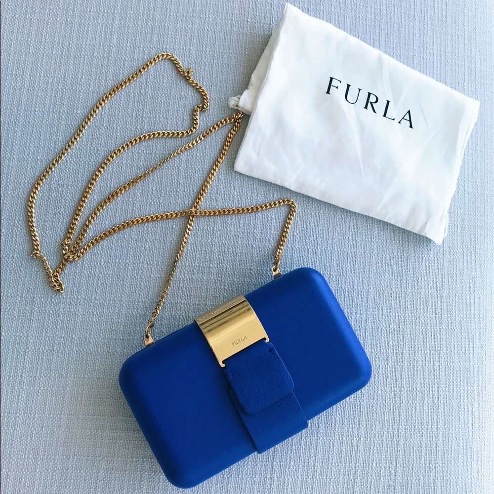 Authentic Furla blue bag clutch gold chain