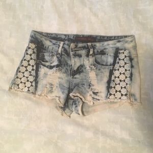 Denim cutoffs with lace overlay