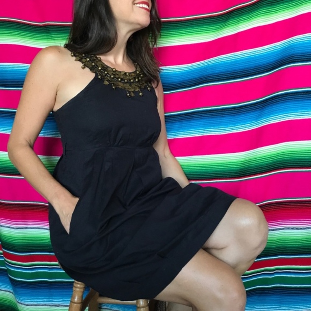 Jeweled Collar Linen Dress w Pockets