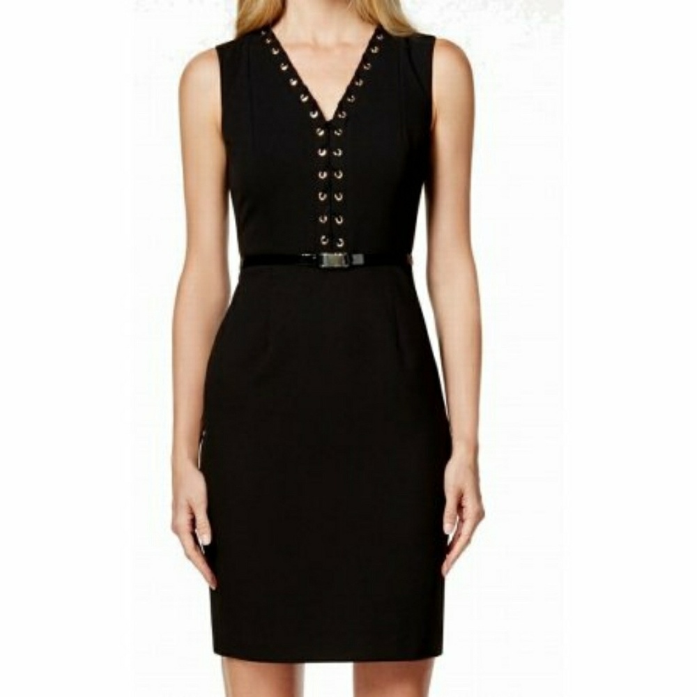 Calvin Klein Black Belted Lace-Up Sheath Dress