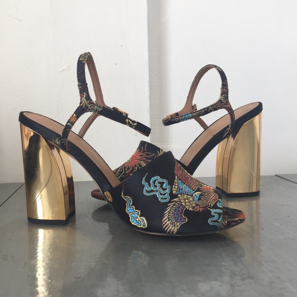 Black Chinese Print Gold Stack Heels