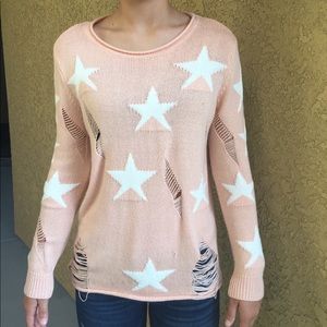 Forever 21 distressed pink sweater w/ white stars