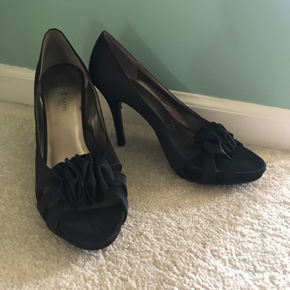 Black satin peep toe pumps