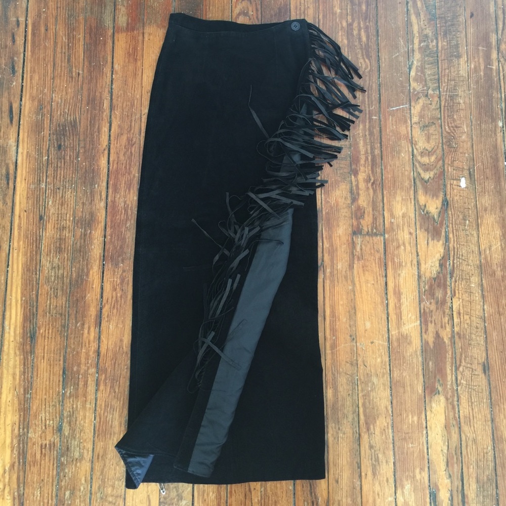 UNREAL Black Suede Fringe Midi Wrap Skirt