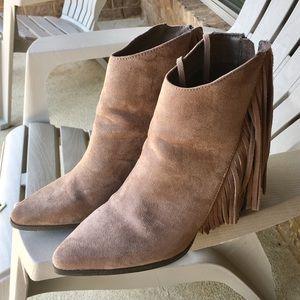 Taupe, Pointy Toe, Fringed Boots