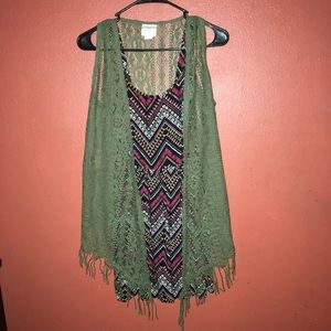 Geometric Skater Dress w/ Sleeveless Kimono