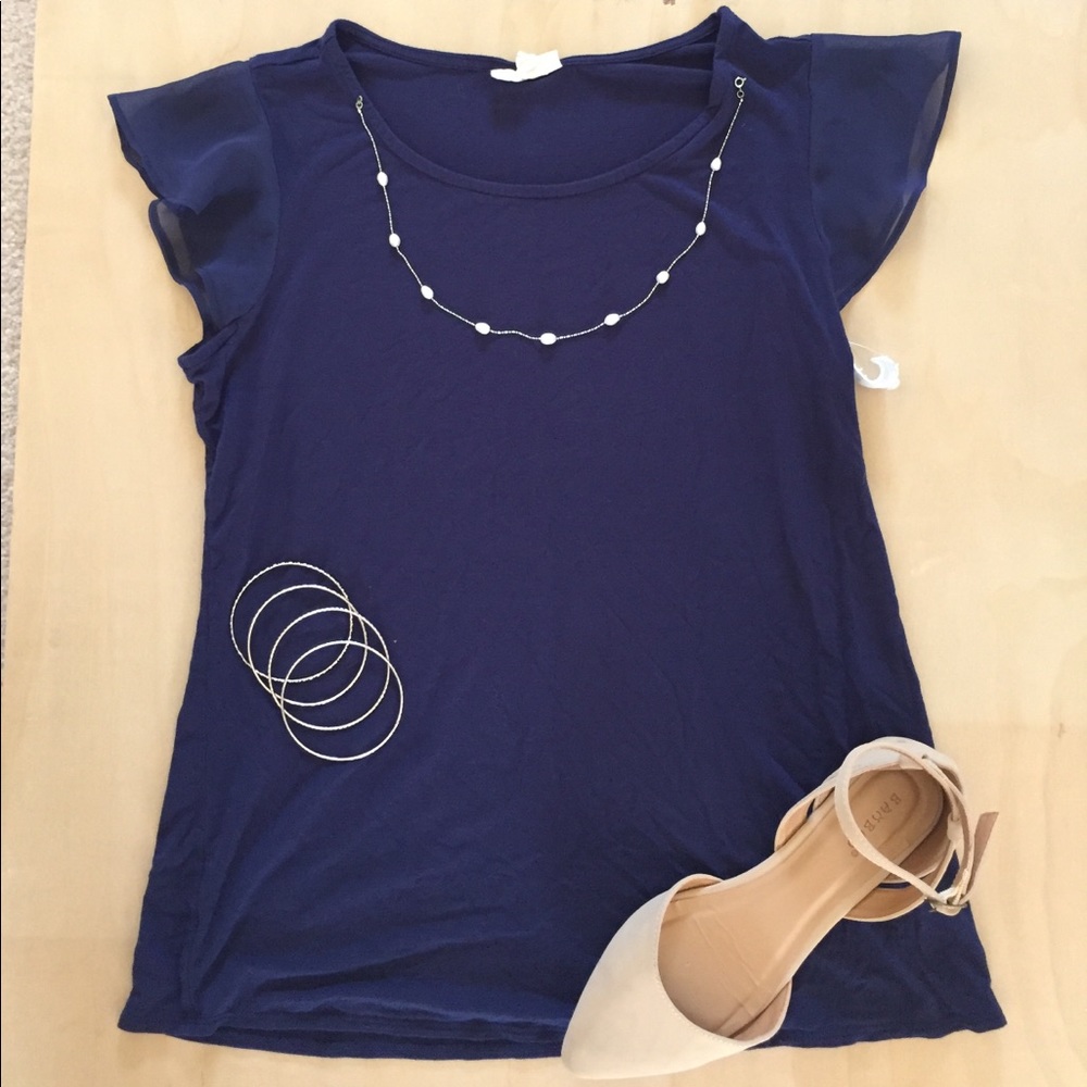 Blue Shirt with Flirty Cap Sleeves