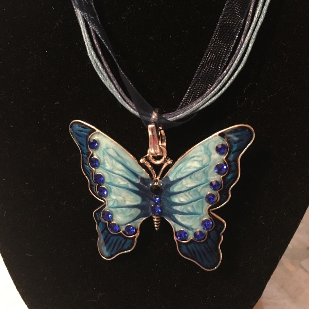 blue  enamel butterfly rhinestone necklace