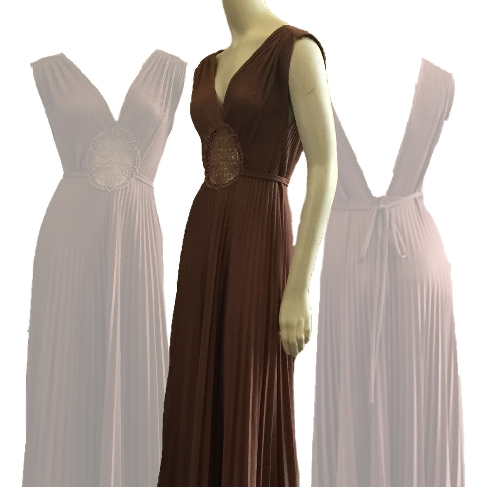 70s Low Cut Pleated Maxi Dress, Small