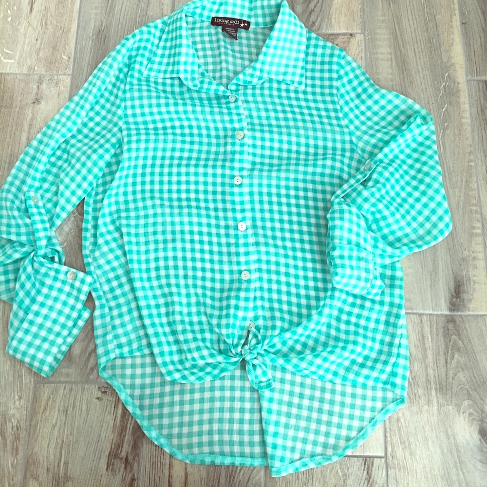 Aqua and white plaid blouse