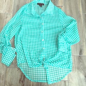 Aqua and white plaid blouse