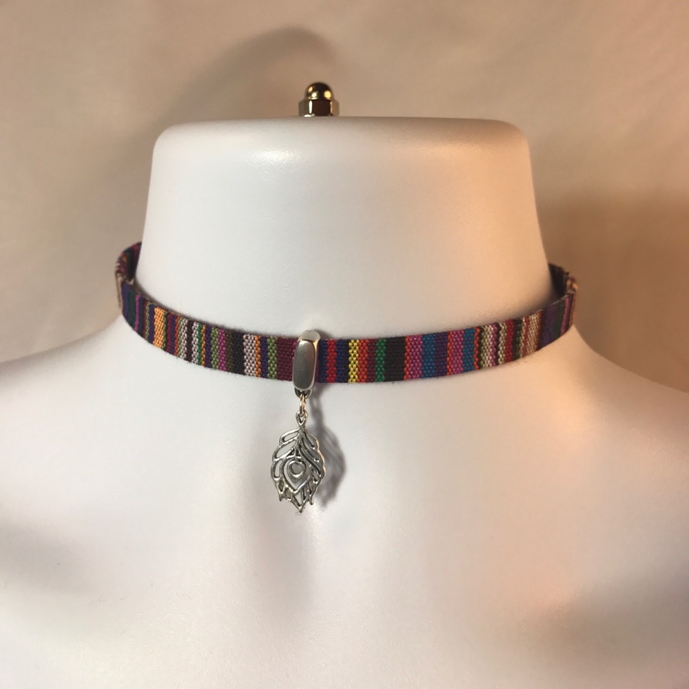 Peacock Feather Fabric Choker and wrap bracelet