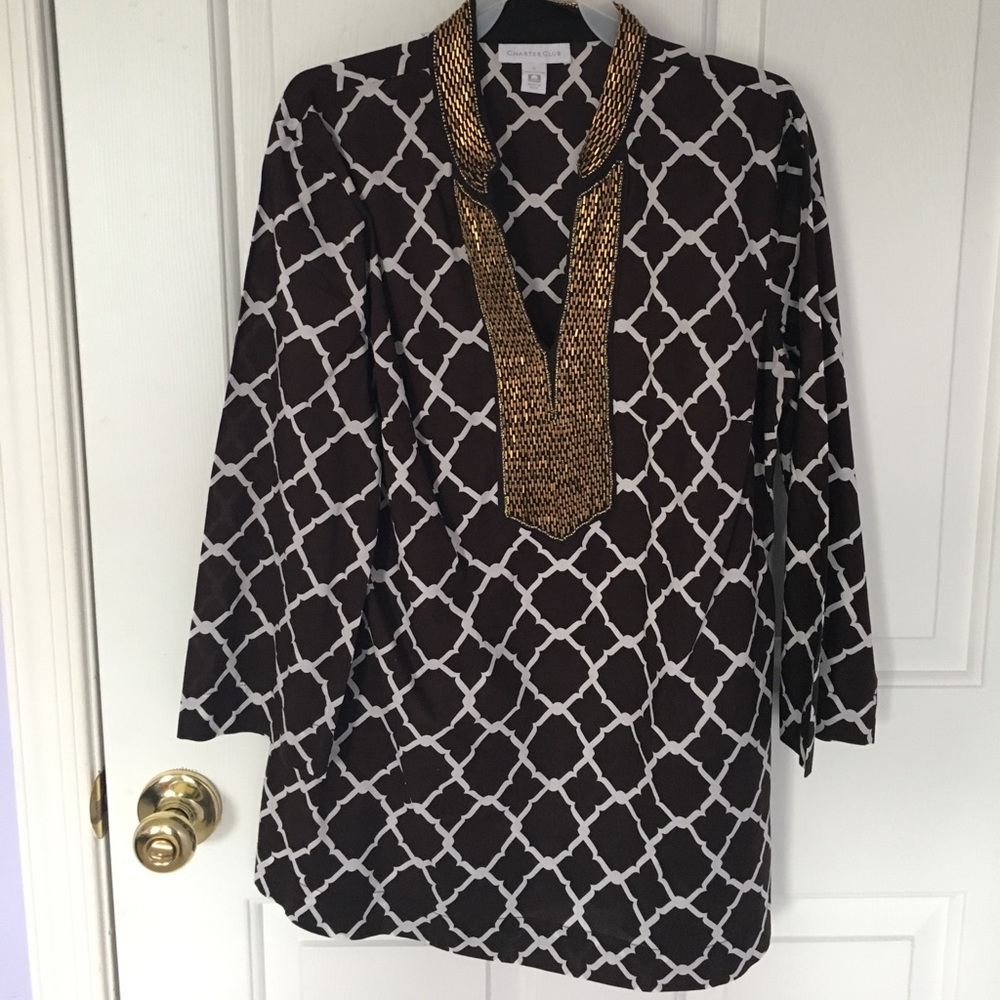 Brown patterned top w gold beaded trim