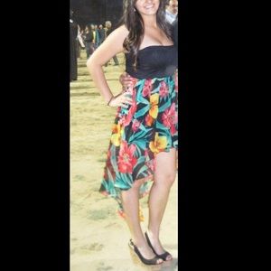 Floral high low strapless dress