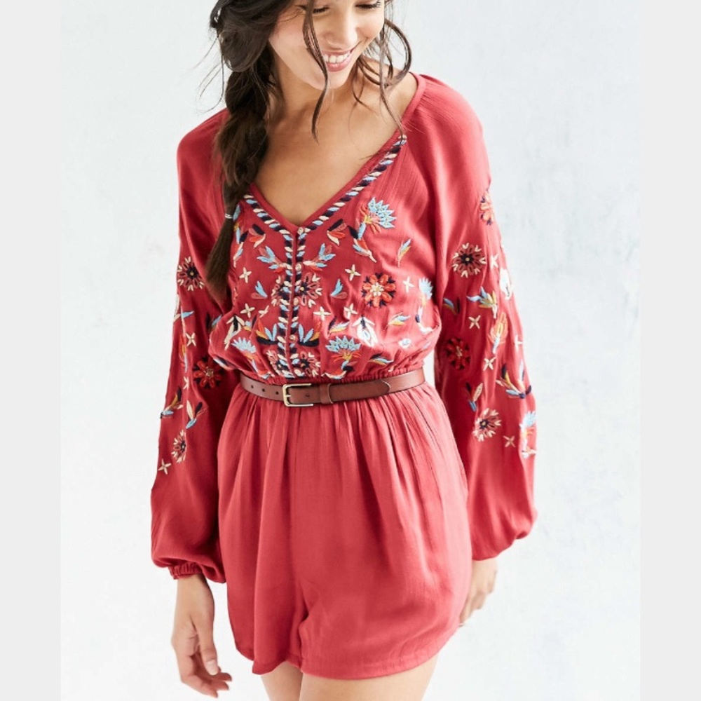 Coral/Salmon Long-Sleeved Embroidered Romper