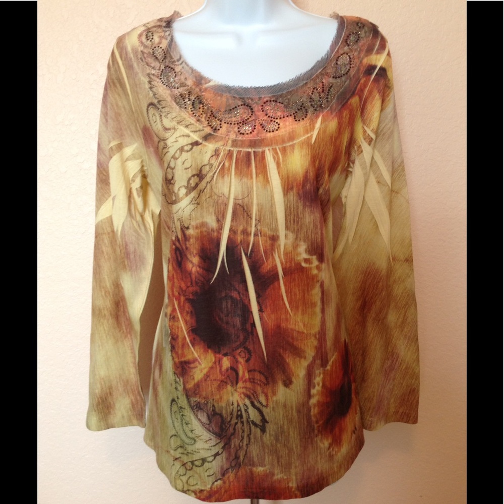Chico's Yellow and Orange Beaded Top Size 1 (8/10)