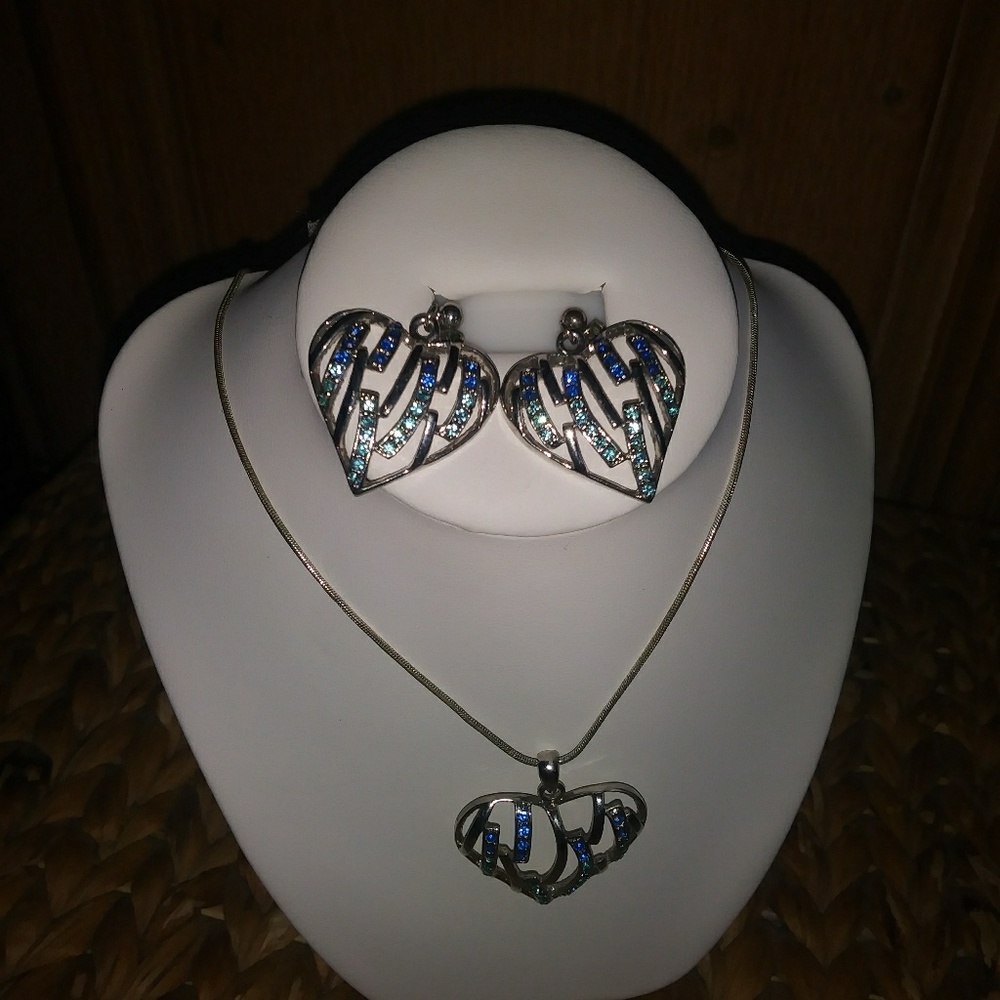 Necklace Earrings Set Silver Hearts Blue