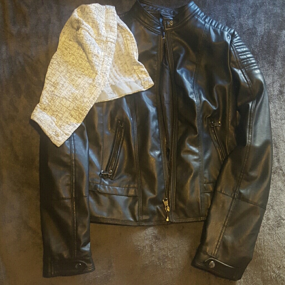 Fake leather jacket with detachable hood.