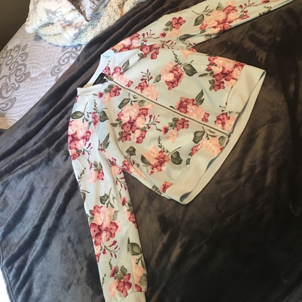 Floral, baby blue bomber jacket
