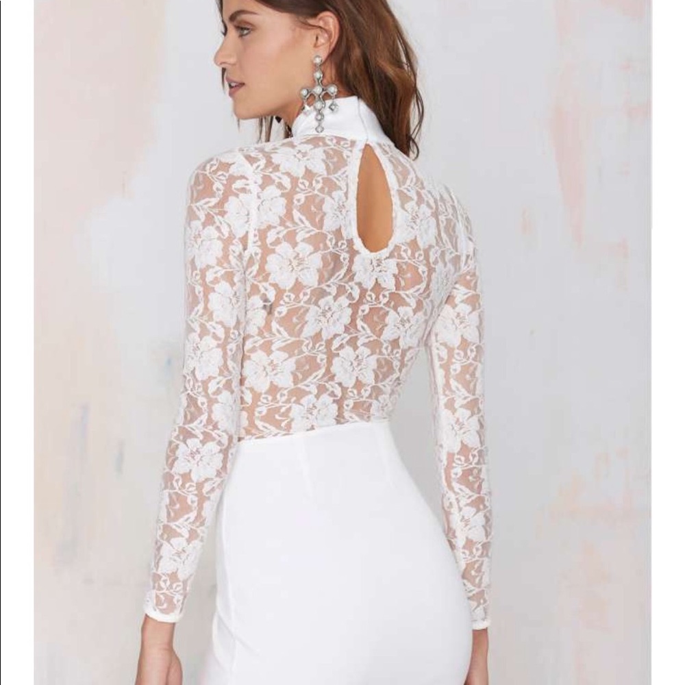 NastyGal going out dress w lace back & high collar